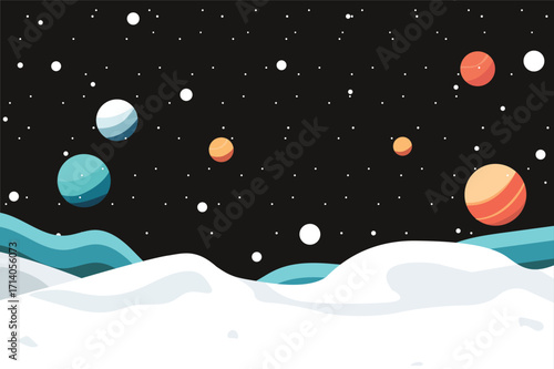 The galaxy in dark sky filled with twinkling stars and colorful orbiting planets