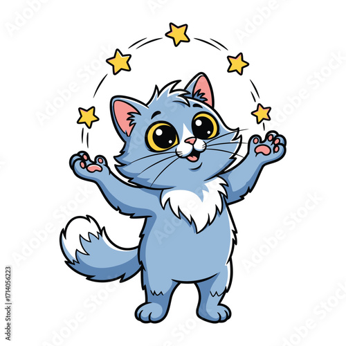 Whimsical Kitten and Celestial Charms: A delightful cartoon kitten juggles glowing golden stars with wide, innocent eyes, evoking a sense of childlike wonder and joy.