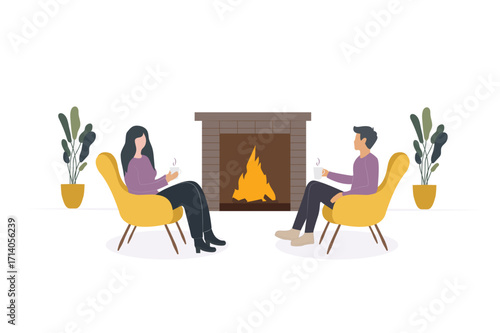 Couple Relaxing by Fireplace with Hot Drinks in Cozy Living Room