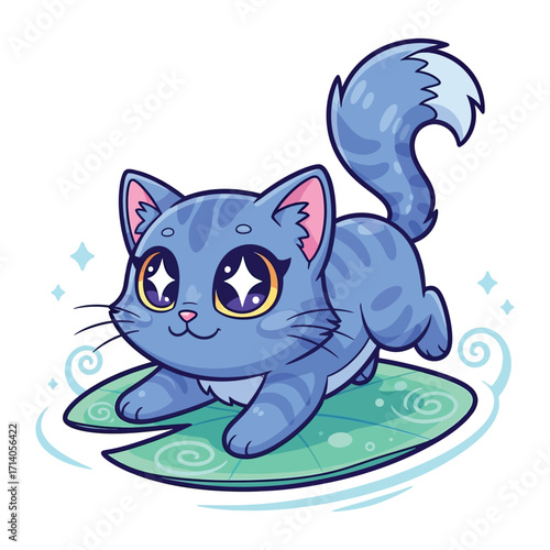 Cute Cartoon Cat on Lilypad: A delightful cartoon cat, with big expressive eyes, balances playfully on a lilypad in a pond, full of charm and whimsical, a visual treat for animation lovers.