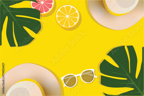 Sunglasses hats oranges slices and tropical leaves on a bright yellow background summer sunny beach vibe