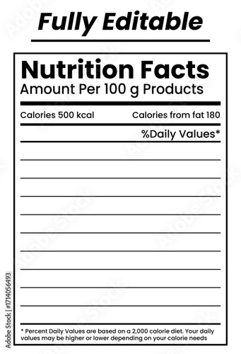 Fully Editable Nutrition Facts Label Template for Food Products and Nutritional Information Charts