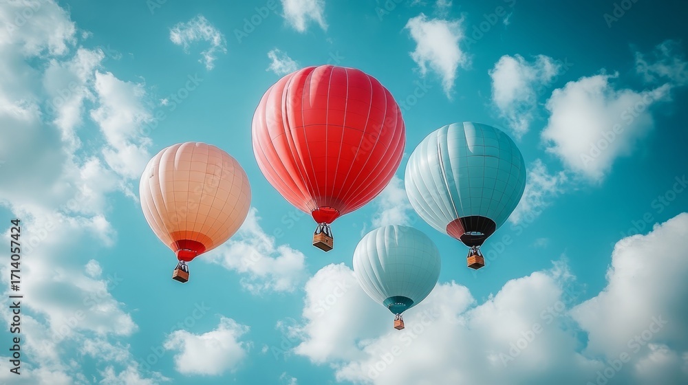 Fototapeta premium Vibrant hot air balloons float high above the landscape, painting the sky