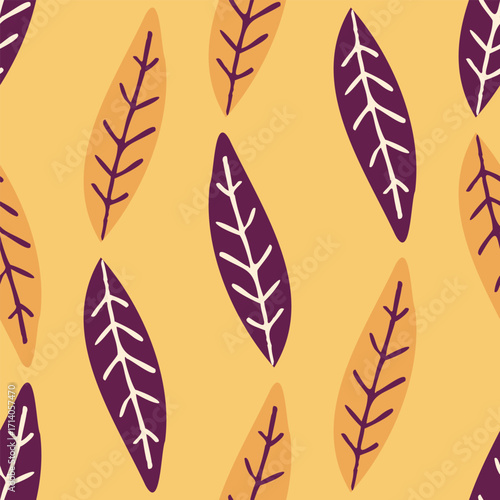 Seamless pattern with purple leaves on yellow
