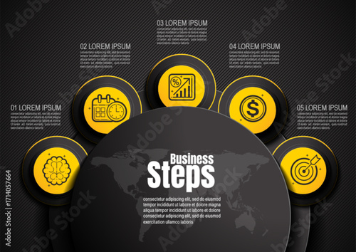 Black and yellow 5 step infographic layout for presentation, timeline, workflow, and business report, simple clear icons and design elements, illustration template, not AI generated