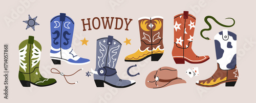 Cowboy boots, Wild West accessories set. Cow boy shoes in American Western style. Texas footwear, horseshoe, lasso, sheriff star and hat in retro ranch fashion. Isolated flat vector illustrations.