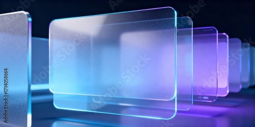 Futuristic transparent glass panels with neon blue and purple light, abstract user interface screens in 3d render for technology, data and innovation background