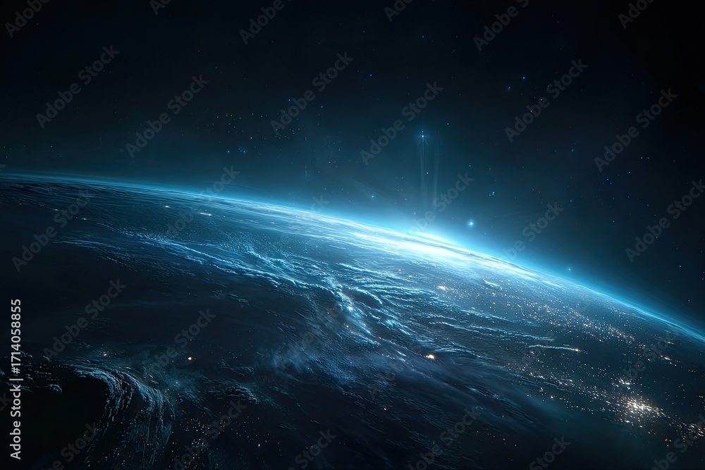 Fototapeta premium Earth rising, vibrant sunrise from space. Vast dark space, streaked with stars, surrounds a detailed blue-toned Earth, showing landmasses and oceans, with a brilliant sunrise illuminating the horizon