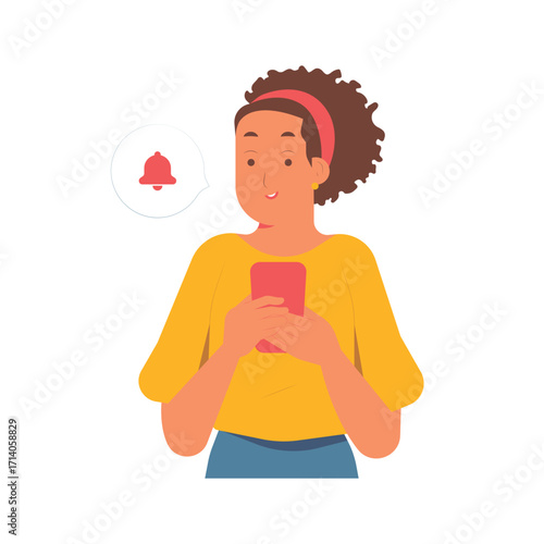 Receiving notification on phone with pleased expression, new messages concept illustration