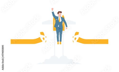 Overcoming challenge obstacle, businessman take off flying upwards breaking through barriers concept illustration