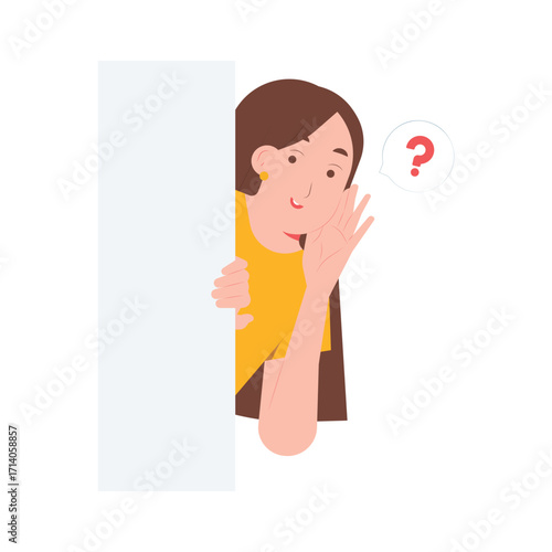 Curious woman peeking behind wall, hearing, whispering, and listening to gossip hidden information concept illustration