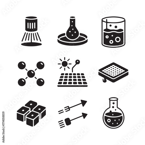 Collection of science and technology icons representing innovation research development and scientific discovery in a modern flat design style