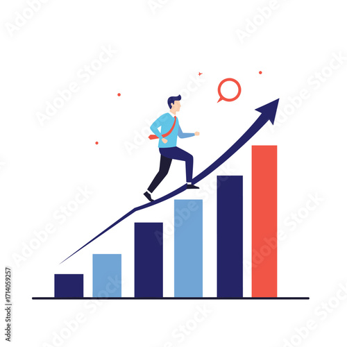Man running up a rising business graph showing success and growth.