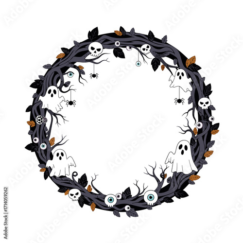 Spooky Halloween Wreath with Ghosts Skulls and Eyes.
