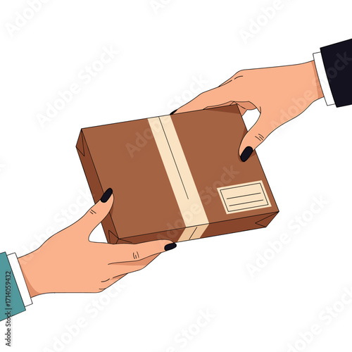 Hands exchanging a package delivery service concept.