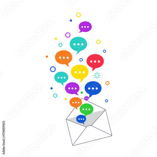 Email communication with colorful speech bubbles flying out.