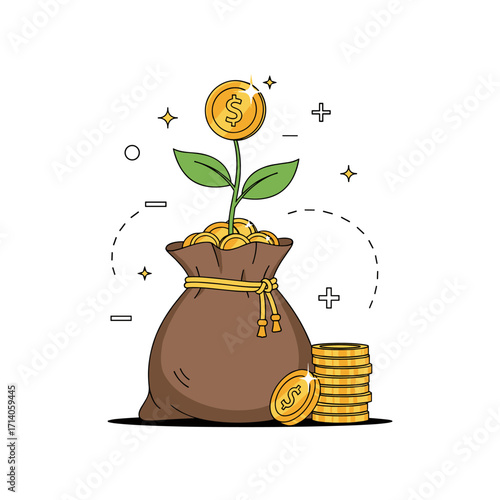 Money growing from a bag of coins symbolizing financial growth and investment.