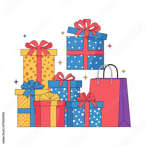 A colorful collection of gift boxes and a shopping bag.