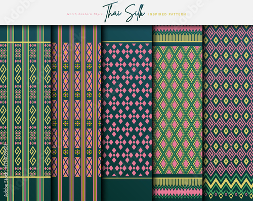 Set of 5 Colorized seamless background pattern. Inspired by North Eastern (Isaan) style Thai silk with traditional color tone.