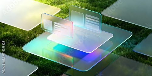 Holographic glass ui panels floating over grass with futuristic dashboard cards and neon gradient light in outdoor scene