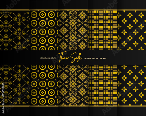 Set of 5 Colorized seamless background pattern. Inspired by North Eastern (Isaan) style Thai silk with traditional color tone.