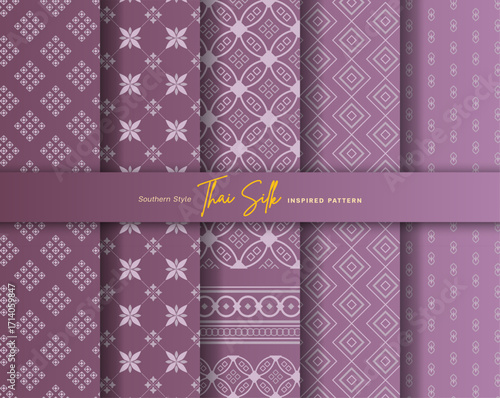 Set of 5 Colorized seamless background pattern. Inspired by North Eastern (Isaan) style Thai silk with traditional color tone.