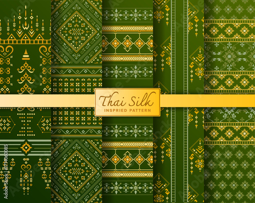 Set of 5 Colorized seamless background pattern. Inspired by North Eastern (Isaan) style Thai silk with traditional color tone.