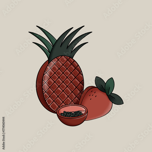 A beautifully stylized digital illustration featuring a collection of exotic fruits, including a pineapple, strawberry, and a bowl of small berries.