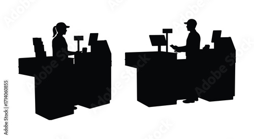 Two cashiers working at checkout counters in a retail environment