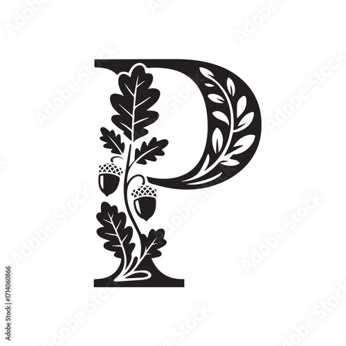 Elegant black and white monogram letter p decorated with oak leaves and acorns in a vintage botanical style