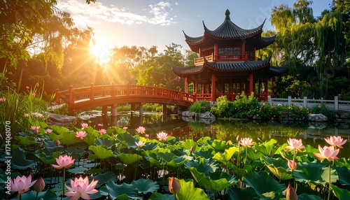 Sunrise over a tranquil Chinese garden with lotus flowers