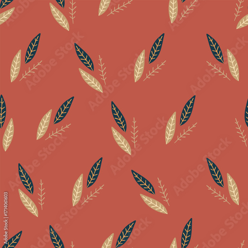 Seamless foliage with dark leaves on orange