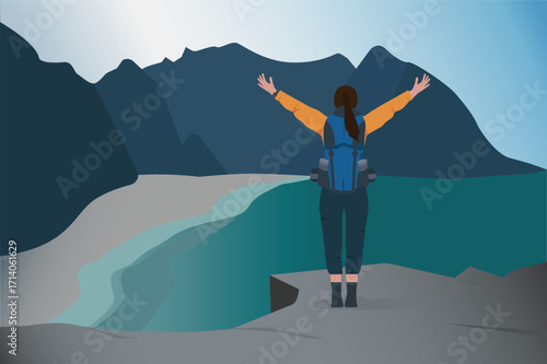 Women climbers standing on a cliff overlooking a front landscape with beautiful mountains and a river.
