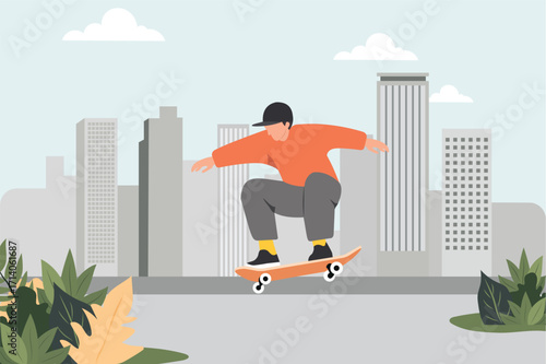Skateboarder performing a trick in an urban setting with tall buildings