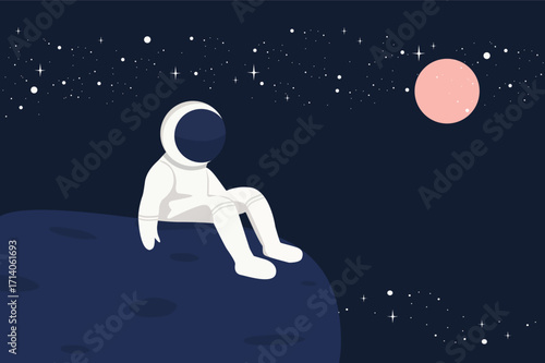 Astronaut sitting on a moon-like surface, gazing at a planet with stars in the dark sky