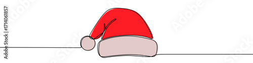 Santa Claus hat in one line art style. Christmas hat drawing with editable black stroke on white background. Vector illustration.