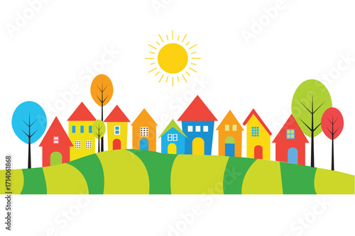 The village with colorful houses dotting the green hills and a sun in the sky