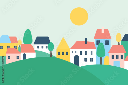 The village with colorful houses nestled among the lush green hills
