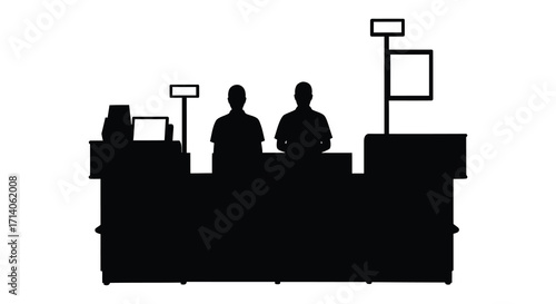Simple black silhouette of a retail checkout counter with two figures