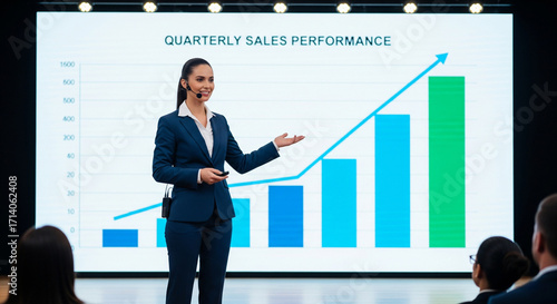 Businesswoman giving a presentation with a large screen behind her