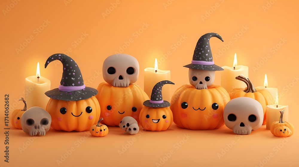 Obraz premium Adorable pumpkins with happy spooky faces, tiny skulls, candles, and witch hats on orange