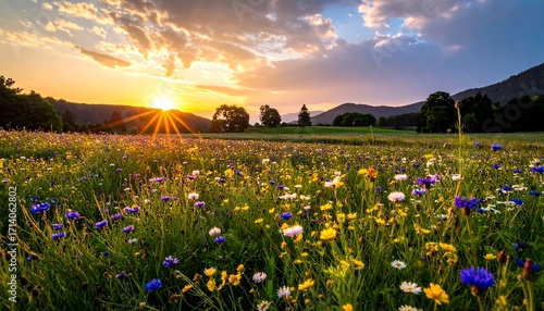 Fototapeta Naklejka Na Ścianę i Meble -  Colorful wildflower meadow at sunset