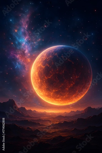 Futuristic glowing planet with cosmic nebula sky