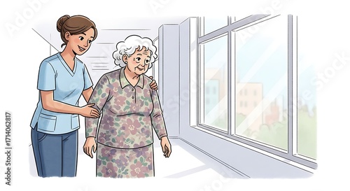 Nurse assists elderly woman.