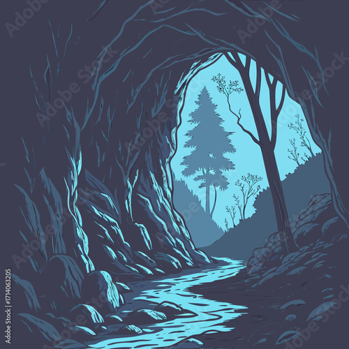 A serene stylized illustration of a winding river flowing through a dark cave opening towards a bright sunlit forest landscape with tall pine trees
