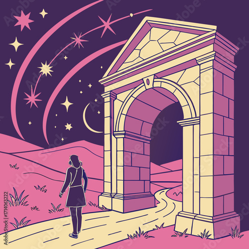 A solitary figure walks towards a grand ancient stone archway under a vibrant night sky filled with shooting stars and a crescent moon