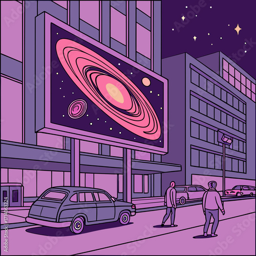 A stylized illustration of a futuristic city street at night with a large billboard displaying a colorful nebula and planets surrounded by modern buildings cars and pedestrians