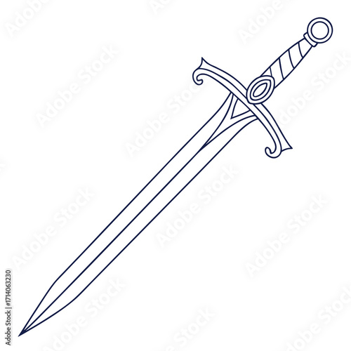 A stylized dark blue outline drawing of a medieval knight s sword with a pointed blade and ornate hilt on a white background
