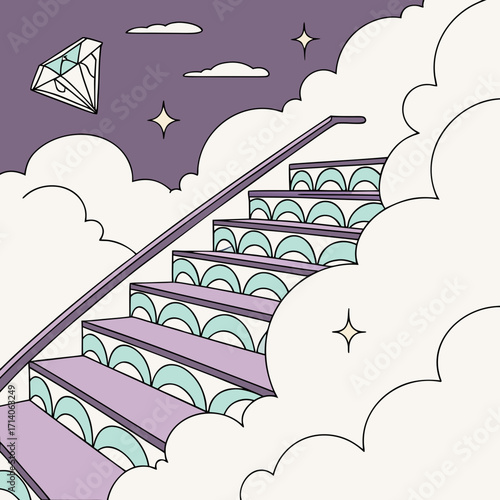 A stairway to heaven with a diamond and stars ascending through fluffy clouds in a dreamy lavender sky
