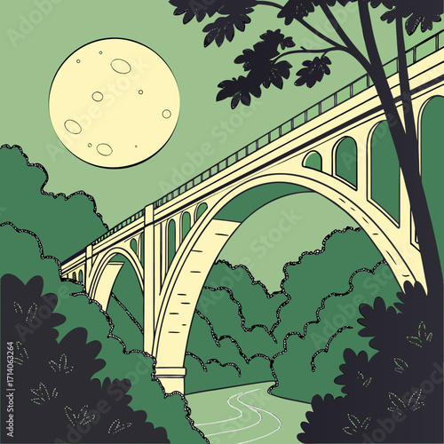 A stylized illustration of a grand stone bridge with multiple arches spanning across a lush green forest under a large pale moon